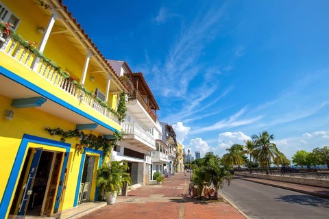 Colombia, Scenic colorful streets of Cartagena in historic Getsemani district near Walled City,