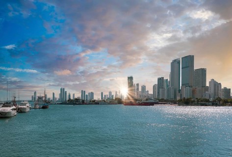 Colombia, scenic Cartagena bay (Bocagrande) and city skyline at sunset