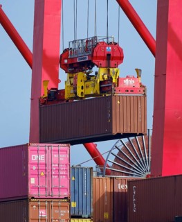 Hamburg, Germany - Container ship in the Port of Hamburg, container ship Nordsummer moored at the