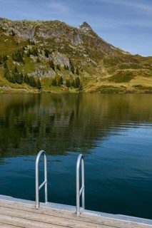 Bettmersee, mountain lake, alpine lake, access, ladder, footbridge, bathing jetty, bathing,