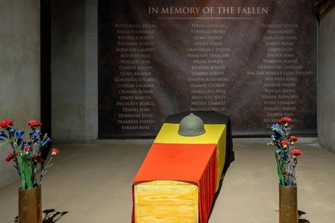 Coffin and names of fallen soldiers inside Fort Eben-Emael, Belgian WW2 fortress in Wallonia during
