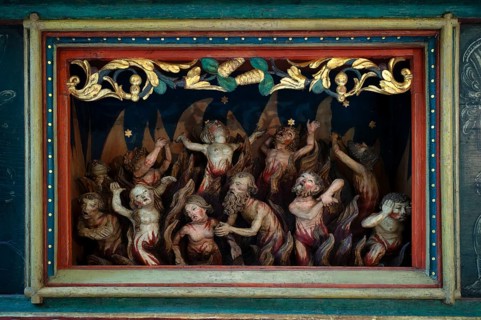 Interior view, purgatory, depiction of hell in the predella of the high altar in the choir,