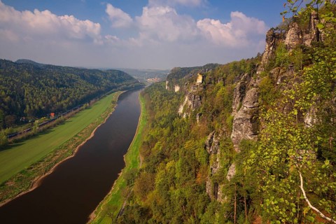 Elbe river seen from the Bastei rocks near the village of Rathen in Saxon Switzerland National