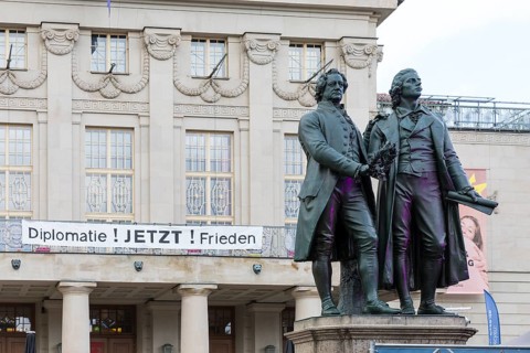 Goethe-Schiller monument in front of the German National Theatre in Weimar, Thuringia, Germany