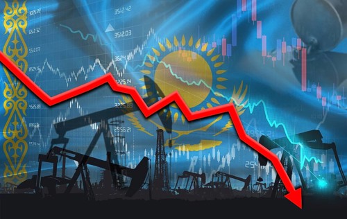Crude crisis with Kazakh flag on financial graph. Fall oil price with flag of Kazakhstan on