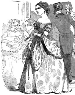 Young woman in elegant long dress being critically examined by older lady, group, fan, monocle,