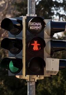 Pedestrian traffic light with red devil figure, devil traffic light, Wernigerode, Harz,