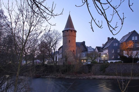 Dill with dill tower built in 1620, river, Herborn, Hesse, Germany