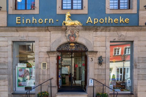 Historic unicorn pharmacy, 19th century, Rosenstraße 3, Weißenburg, Middle Franconia, Bavaria,