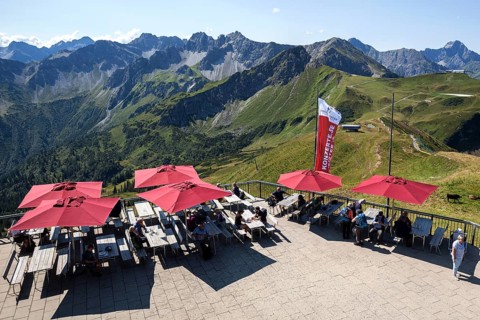 Terrace of the summit station of the Fellhorn cable car, behind Allgäu Alps, Fellhorn, Oberstdorf,
