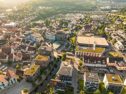 Aerial view of a town with mixed old and modern buildings and many green spaces, Nagold, Black