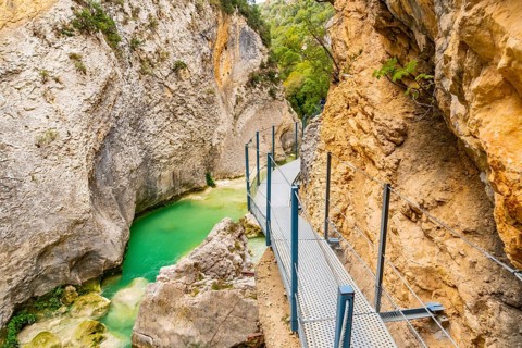 Metal walkways of the Vero River path in Alquezar. Pyrenees
