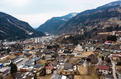 Drone image, residential buildings, view of town, Radenthein, Gegendtal, Carinthia, Austria