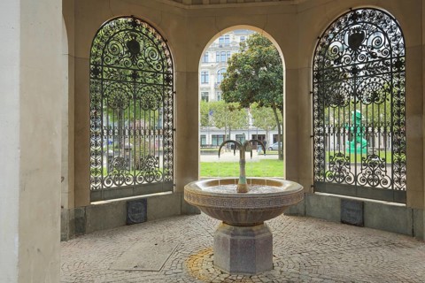 Interior view of the pavilion with cooking fountain built in 1888 and metal grid, mineral spring,