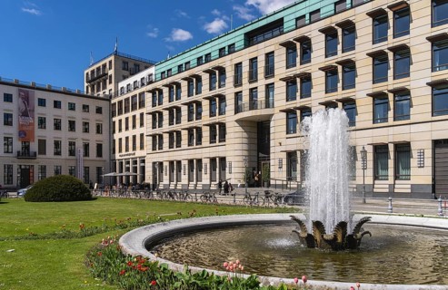 Fountain on Pariser Platz with Max Liebermann House and Allianz branch in the background, Berlin,