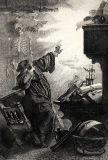 The spirit appearing to Faust, first part of the tragic play Faust by Johann Wolfgang von Goethe