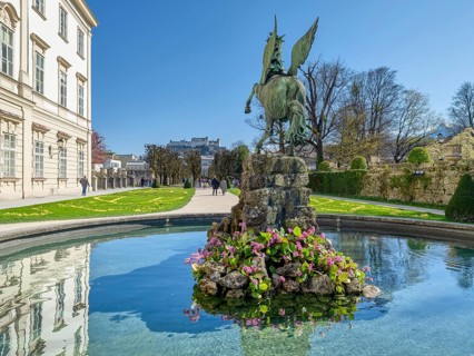 Pegasus Fountain in Mirabell Gardens in spring, Mirabell Palace, Salzburg Fortress, spring, blue