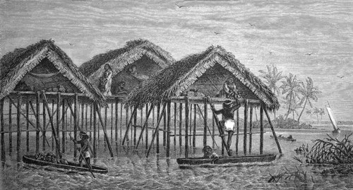 Stilt huts of the Goajiro Indians in the lake of Maracaibo, Venezuela, in 1870, Historical, digital