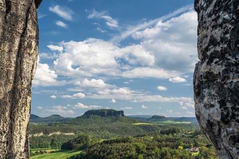 View from Bastei to Lilienstein in the background, Saxon Switzerland, Saxony, Germany, May 2024