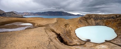 Crater lake Víti and Öskjuvatn in the crater of the Askja volcano, volcanic landscape, Dyngjufjöll