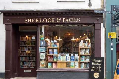 Sherlock and Pages specialist book shop frontage, town centre of Frome, Somerset, England, UK
