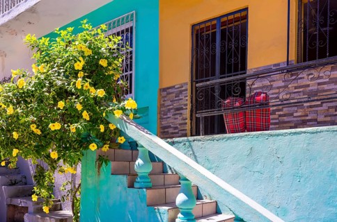 Mexico, Mazatlan, Colorful old city streets in historic city center near El Malecon promenade,