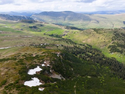 Extensive green landscape with hills, fields and forests under overcast sky, aerial view, near