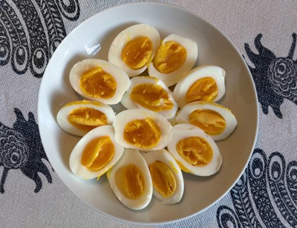 Plate with halved boiled eggs, Bavaria, Germany