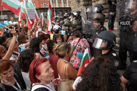 Sofia, Bulgaria. September 2nd 2020 Bulgarian anti-government protestors gather in front of police