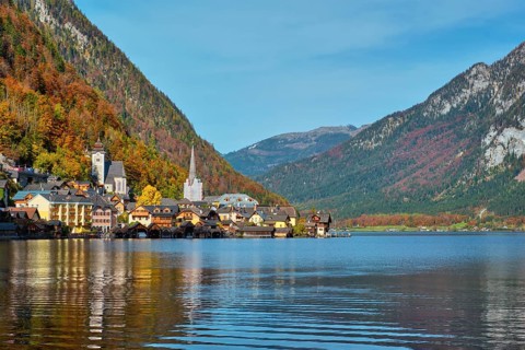 Austrian tourist destination Hallstatt village on Hallstatter See lake in Austrian alps.