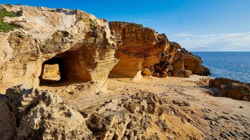 Bizarre rock formations, Cala Blue Marino, Blue Marino Beach, Favignana, Egadi Islands, Sicily,