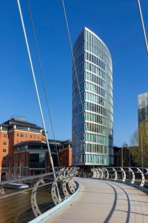 Modern architecture of The Eye apartment block building, Valentine Bridge, Temple Quarter