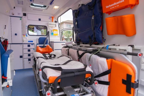 Ambulance interior with stretcher and first aid equipment for patient care, Sindelfingen, Germany