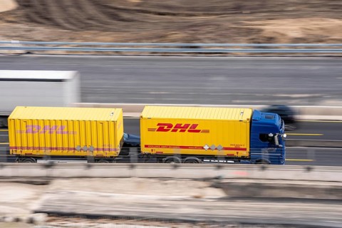 Freight truck from the parcel service provider DHL, Deutsche Post, on the motorway