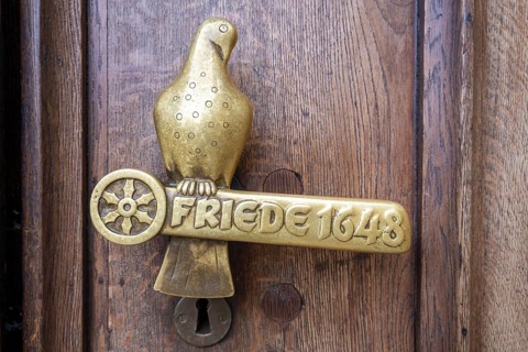 Door handle with dove of peace, Peace of Westphalia, peace 1648, town hall, Osnabrück, Lower