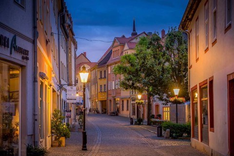 Evening atmosphere, old town, old buildings, stony path, Naumburg, Saxony-Anhalt, Germany