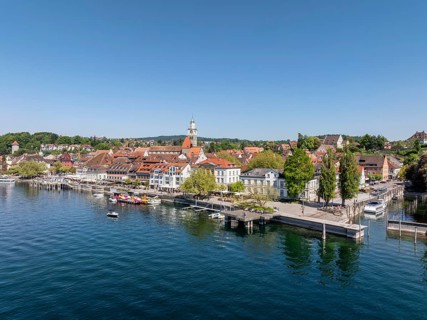 Aerial view of Überlingen on Lake Constance with the historic old town and the lakeside promenade,