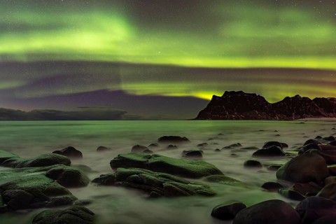 Aurora over the mountains and sea of Lofoten, Northern Lights, Northern Lights, Landscape, Leknes,