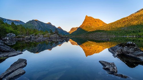 Picturesque mountain landscape with Innerdalstårnet peak in the Innerdalen high valley, mountain