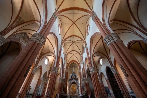 Interior view of the Basilica di San Petronio, Bologna, Emilia Romagna, Italy