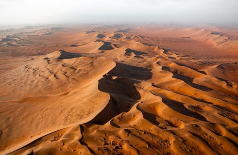 Aerial view, evening mood, red sand dunes of the Namib Desert, Namib Naukluft Park, Namibia