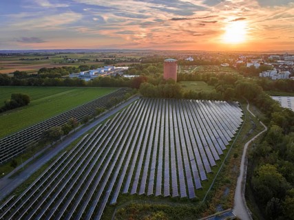 Aerial view, drone shot of a solar thermal power plant for district heating, Ludwigsburg,