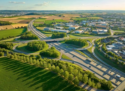 Aerial view of Highway intersection Stuttgart North connecting German Highways A81 and B10 during