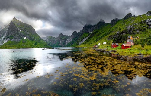 Red wooden houses on the shore in green fjord landscape with mountains and dramatic clouds,