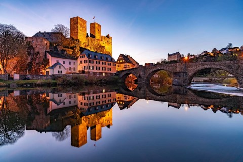 Runkel Castle over the Lahn at dusk, Runkel, Hesse, Germany