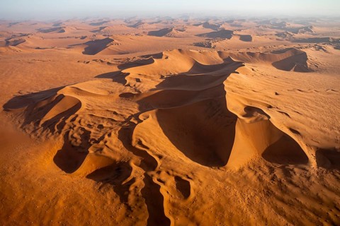 Aerial view, evening mood, red sand dunes of the Namib Desert, Namib Naukluft Park, Namibia