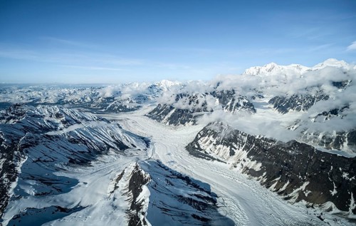 Summit of high mountains with glaciers, aerial view, Alaska Range, Denali National Park, Alaska,