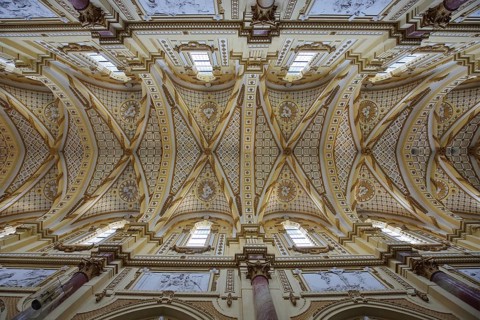 Vaulted ceiling with decorations, handicrafts, looking up, baroque monastery church, interior view,