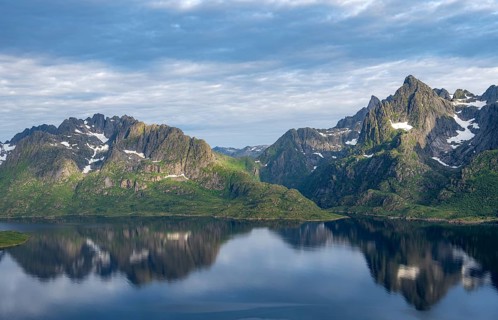Mountain panorama, view of Raftsund fjord, mountains reflected in the water, view from the summit