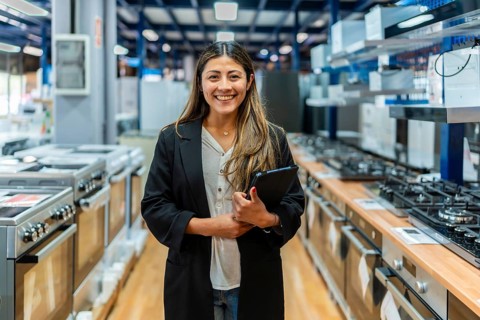Smiling woman holding a digital tablet in a large home improvement store, standing confidently